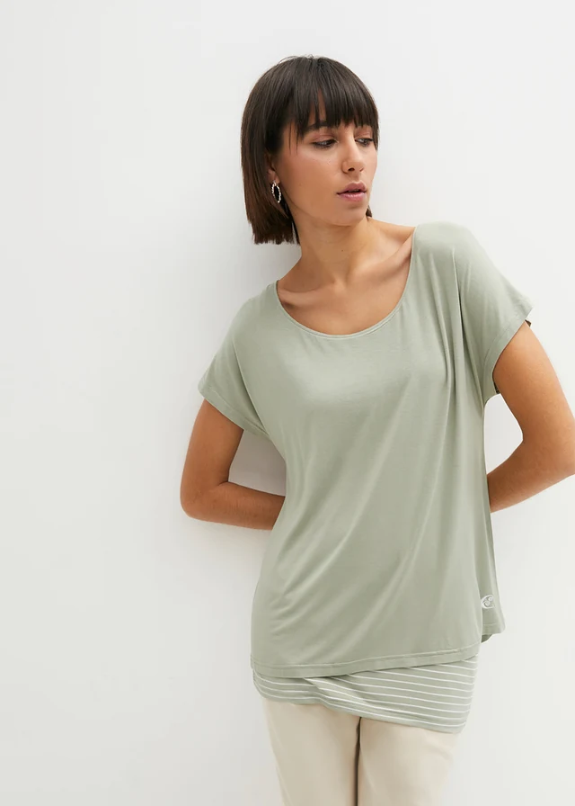 Lang shirt van een zachte viscosemix, Kleur: zeegras-wit