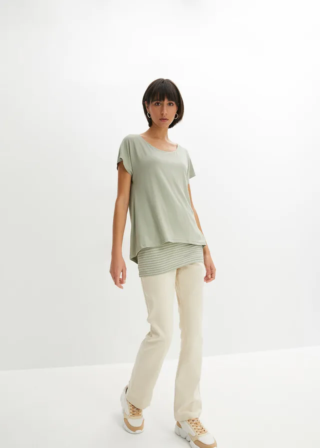 Lang shirt van een zachte viscosemix, Kleur: zeegras-wit