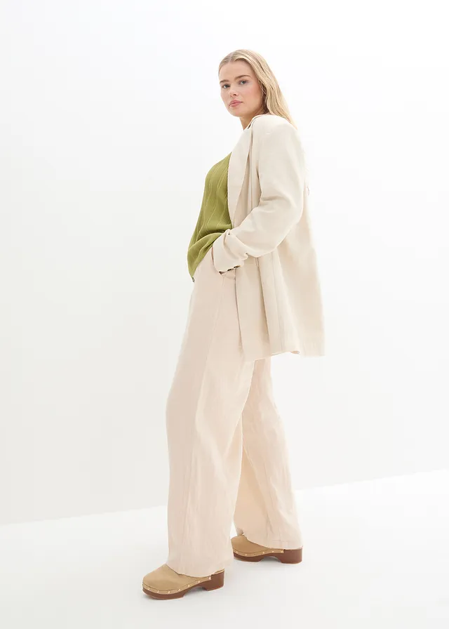 Blazer long en lin et viscose, Couleur: beige galet