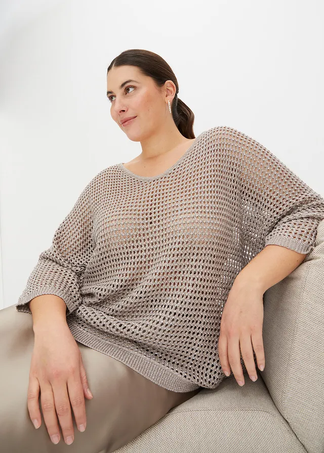 Ajour trui in een viscosemix, Kleur: taupe