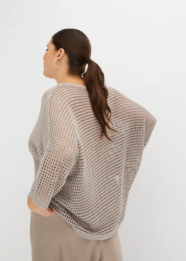 Ajour trui in een viscosemix, Kleur: taupe