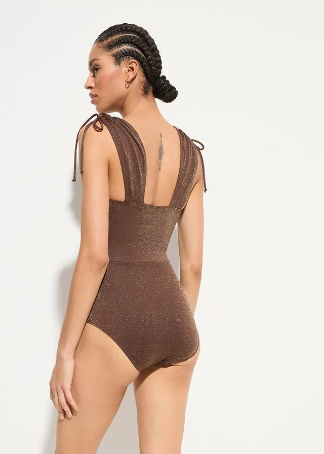 Maillot 1 pièce sculptant brillant, maintien léger, Couleur: marron