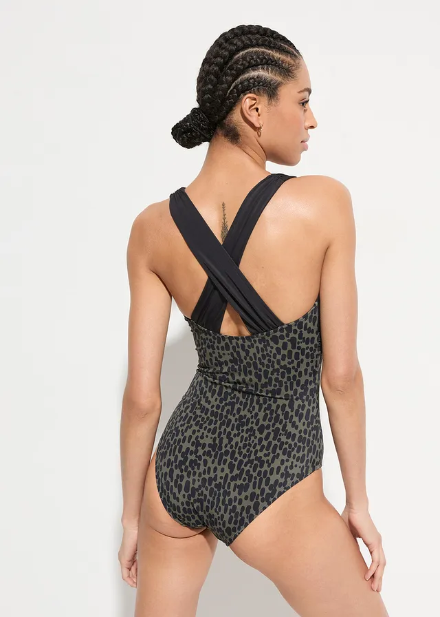 Maillot 1 pièce, Couleur: pois olive foncé/noir