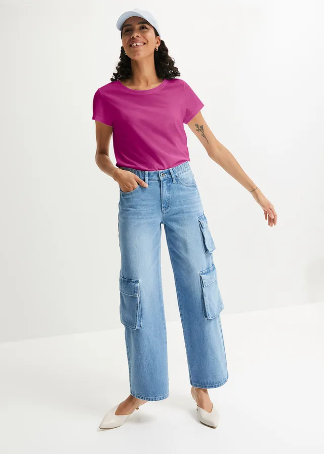 Lot de 5 T-shirts col rond, Couleur: magenta + violet orchidée + bleu clair + jaune clair + café liégeois