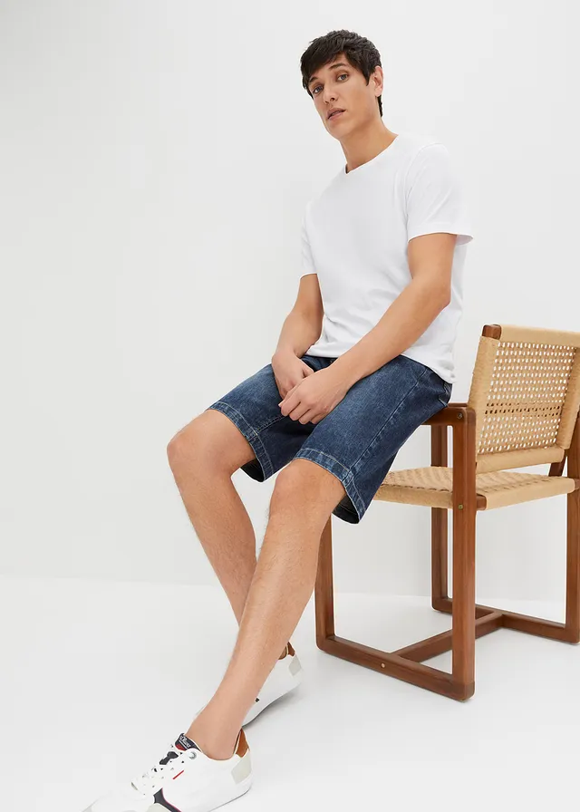Bermuda taille élastiquée en denim léger, slim, Couleur: bleu foncé denim