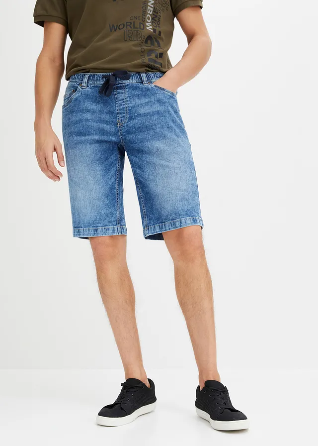 Bermuda taille élastiquée en denim léger, slim, Couleur: bleu denim