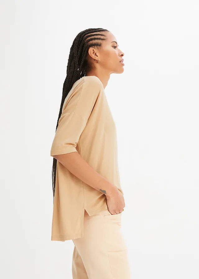 Boxy shirt in een zachte viscosemix, Kleur: latte macchiato