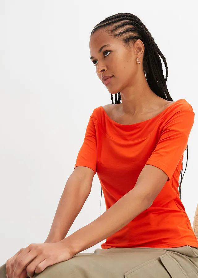Carmen shirt van een viscose mix, Kleur: bloedsinaasappel