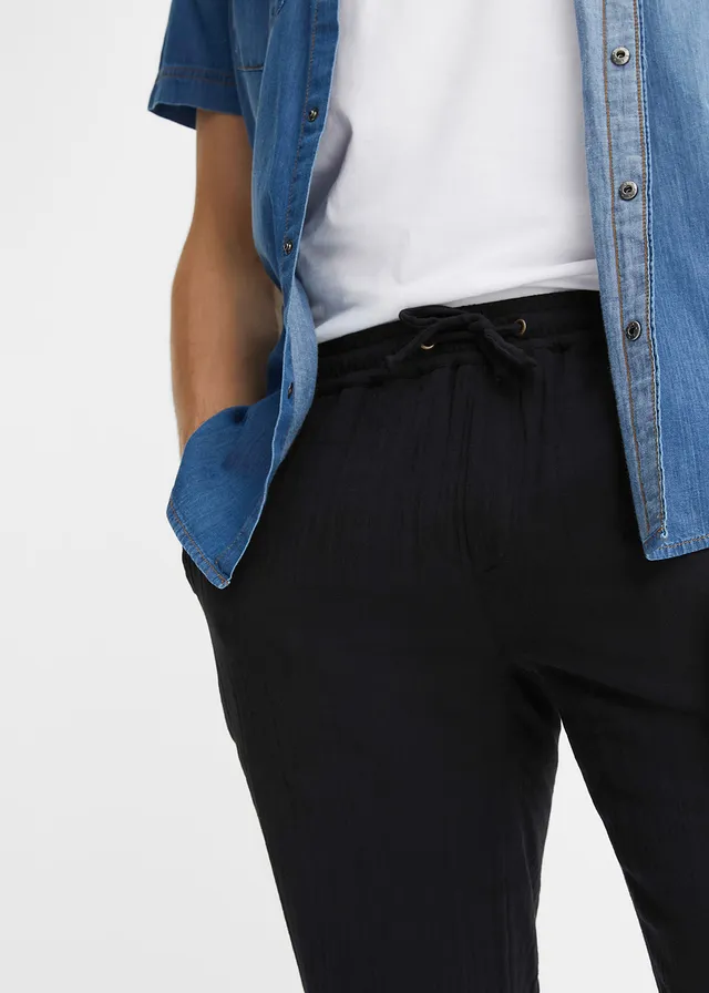 Mušelínové kalhoty bez zapínání, z čisté bavlny, Regular Fit, Tapered • černá • bonprix obchod