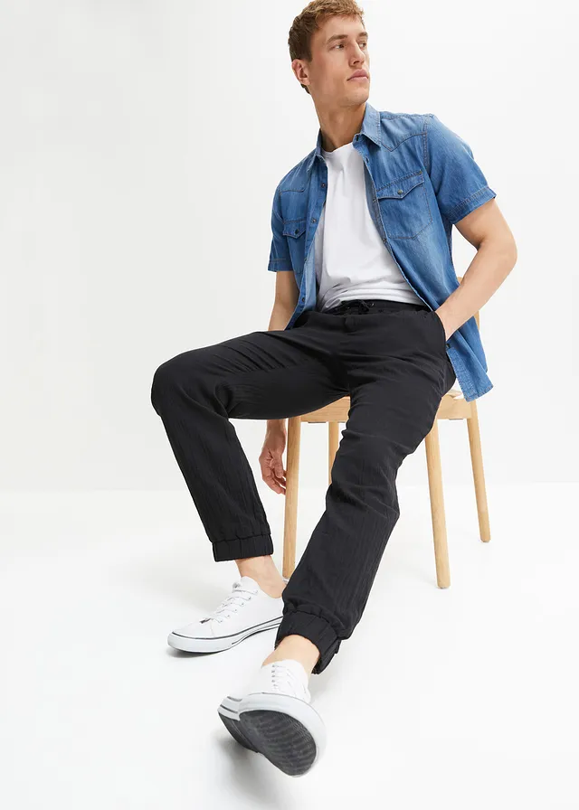 Pantaloni cu elastic și șiret în talie din bumbac 100% , conici, Regular Fit • negru • magazin bonprix