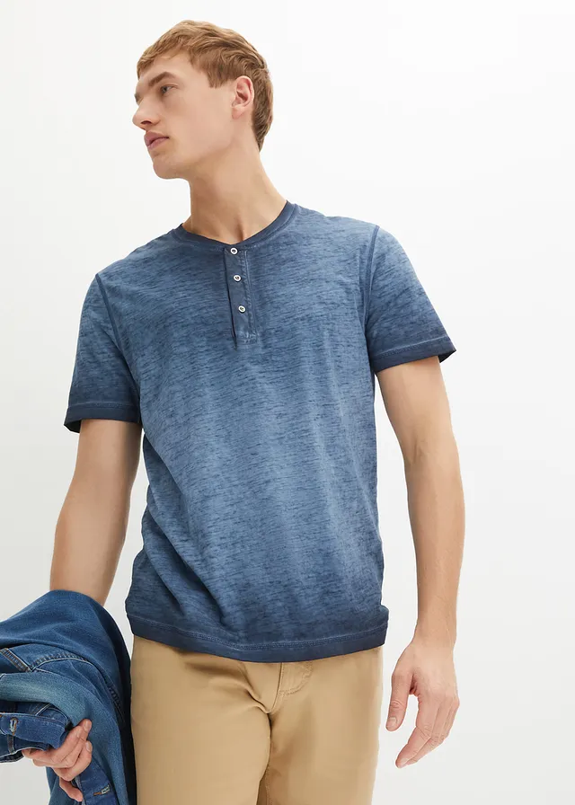 Henley shirt van biologisch katoen in washed out look, Kleur: indigo used