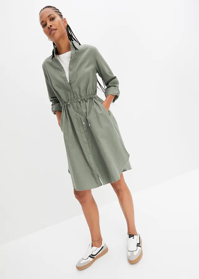 Robe-chemise en lin et coton, Couleur: olive