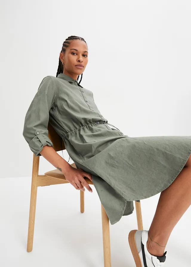 Overhemdjurk in een linnen-katoenmix • olijfgroen • bonprix online shop