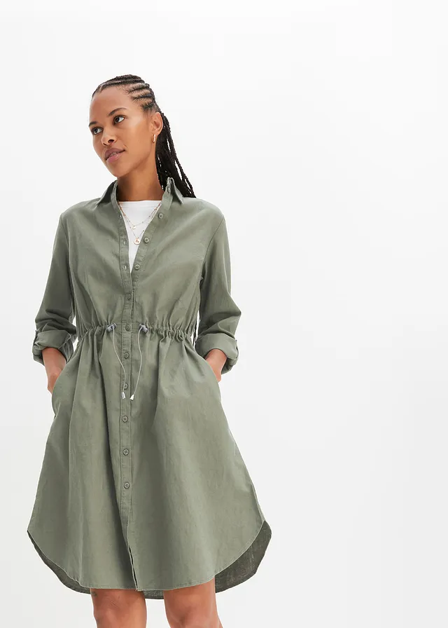 Robe-chemise en lin et coton, Couleur: olive