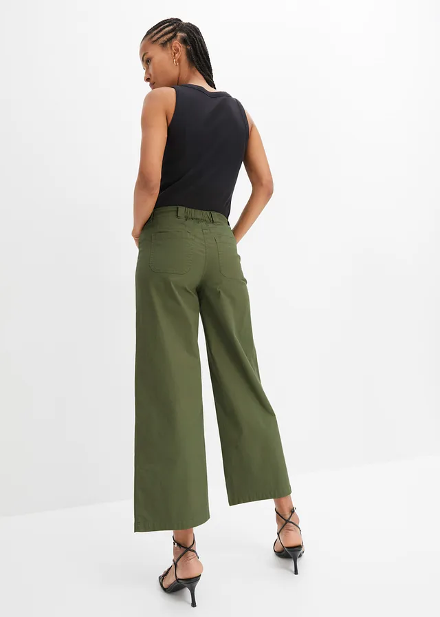Jean large, taille haute et élastiquée, Couleur: olive
