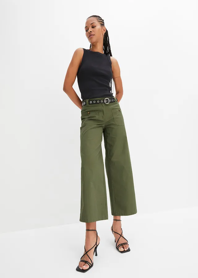 Jean large, taille haute et élastiquée, Couleur: olive