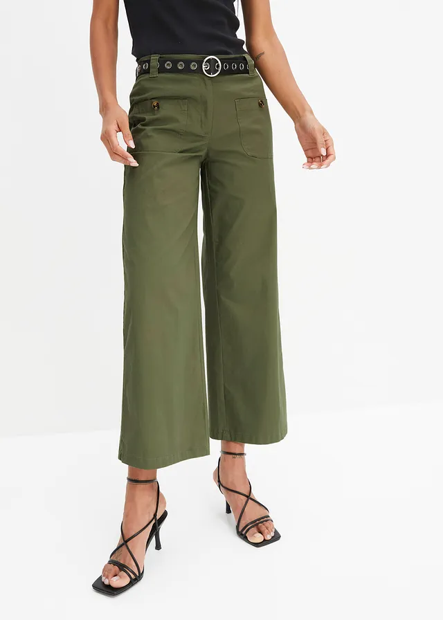 Jean large, taille haute et élastiquée, Couleur: olive