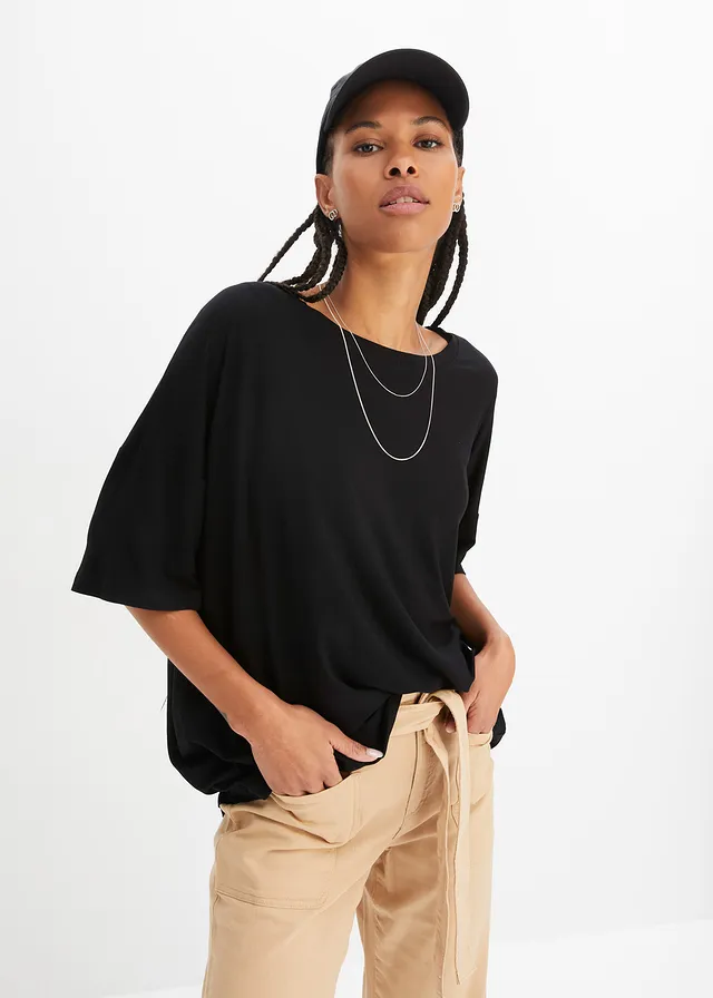 T-shirt oversized z lejącej wiskozy, kolor: czarny