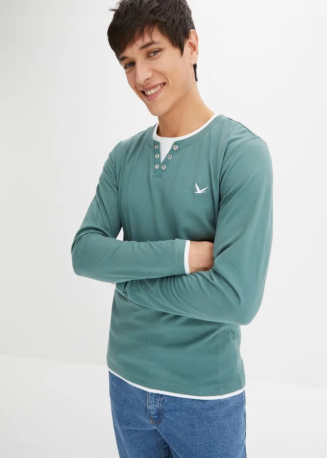 Lot de 2 T-shirts manches longues, style 2en1, Couleur: indigo clair + gris vert