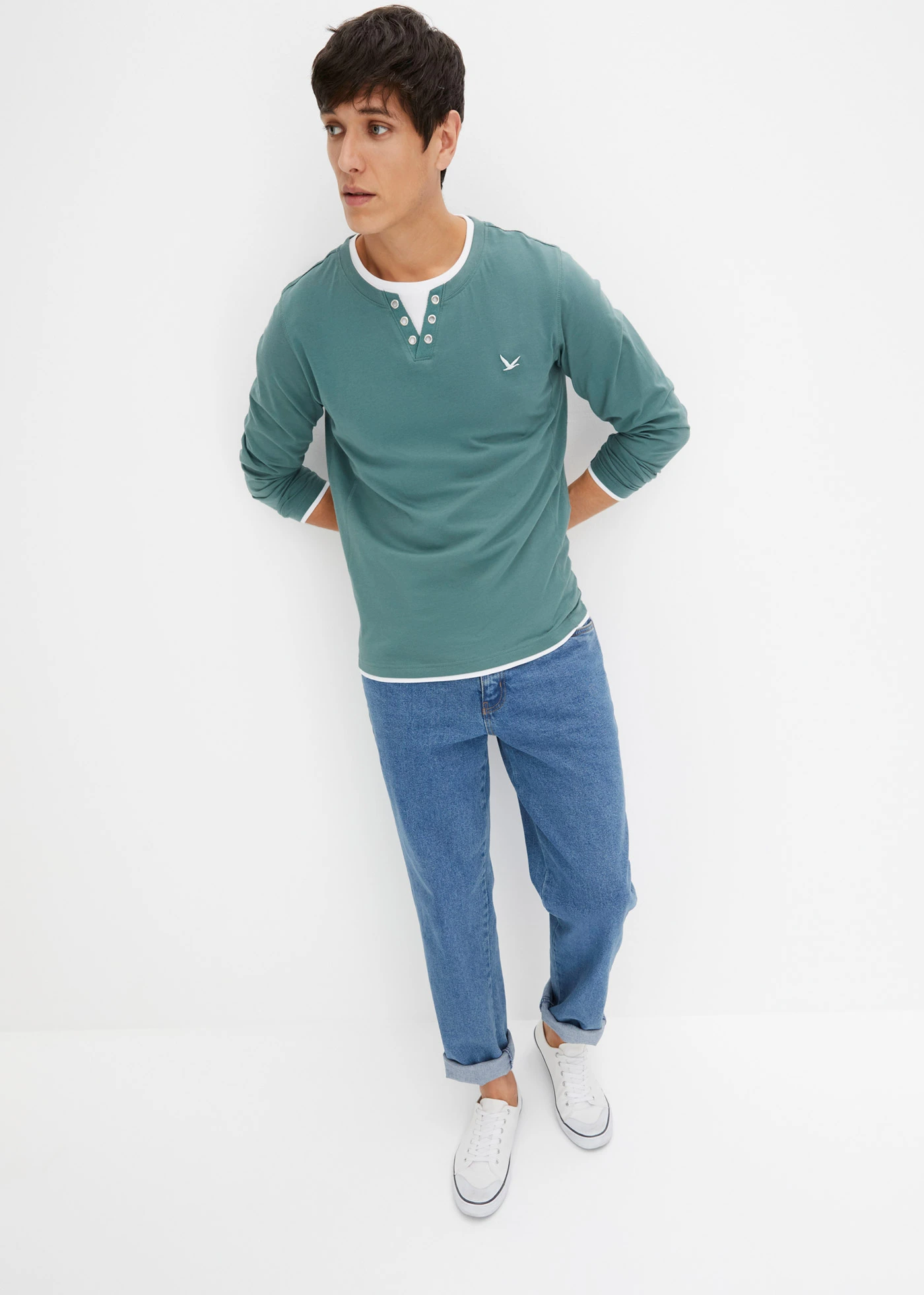 Bluză 2 în 1 cu mâneci lungi (set/2 buc.) • indigo deschis + gri-verde • magazin bonprix