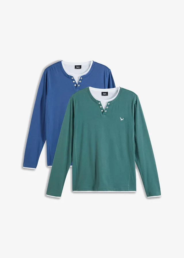 2-in-1 longsleeve (set van 2), Kleur: lichtindigo+grijsgroen
