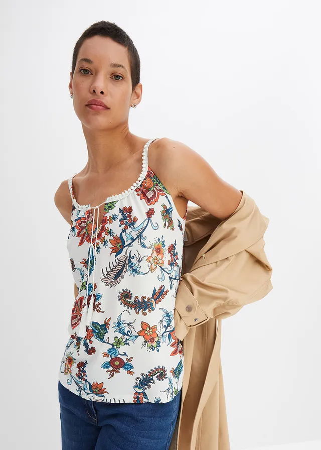 Top à bretelles spaghetti, Couleur: écru floral