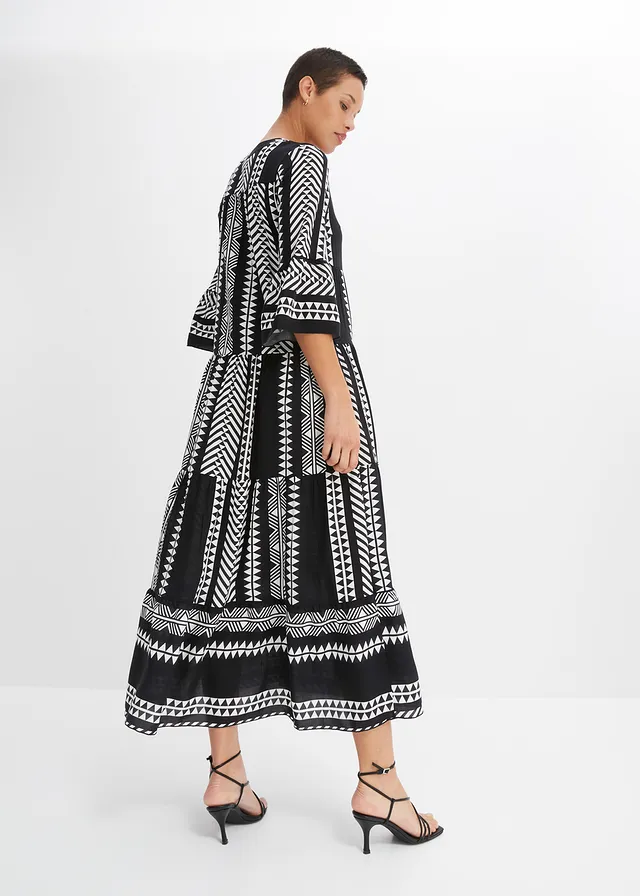 Maxi jurk met printvan soepele viscose, Kleur: zwart-wolwit grafisch