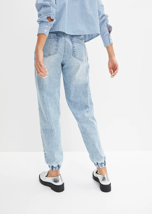 Barrel jeans met print, Kleur: ijsblauw denim