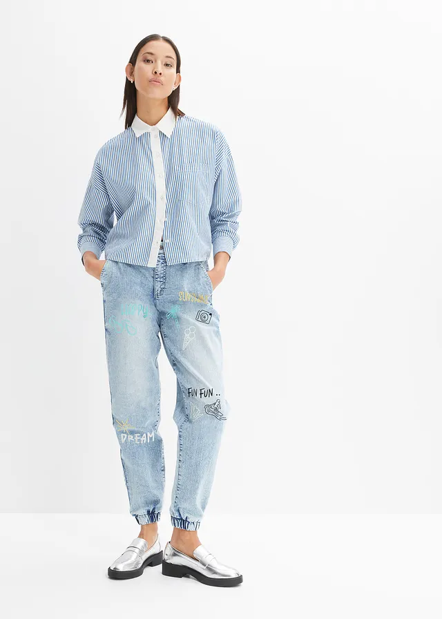 Jean barrel, taille mi-haute et élastiquée, Couleur: denim bleu glacier