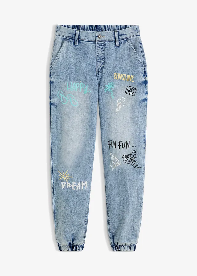 Jean barrel, taille mi-haute et élastiquée, Couleur: denim bleu glacier