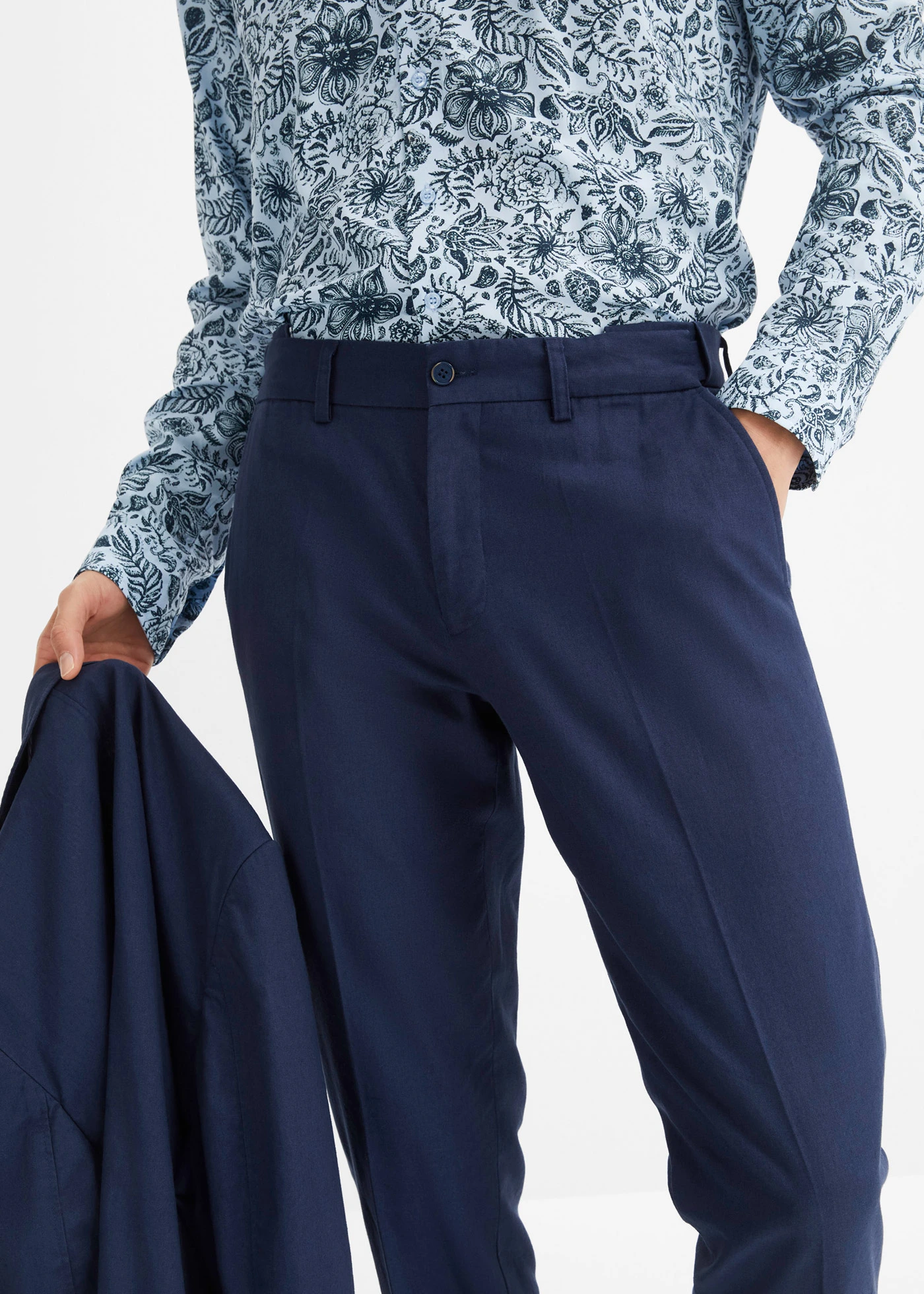 Pak met linnen, slim fit (2-dlg.) • donkerblauw • bonprix online shop