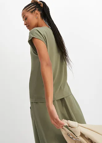 T-shirt in een zachte viscosemix, Kleur: olijfgroen