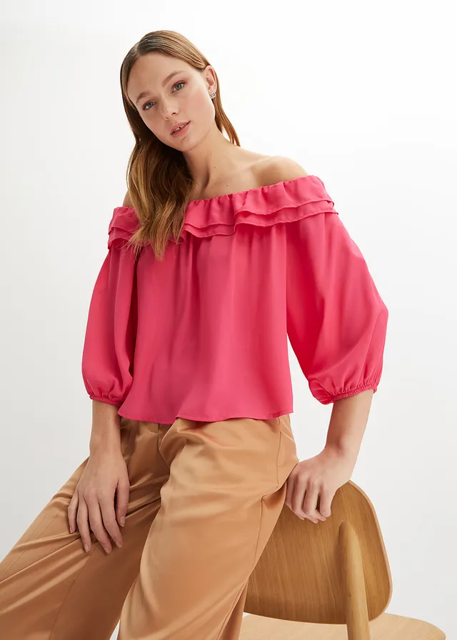 Carmen blouse van gerecycled polyester, Kleur: donkerpink