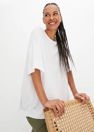 Oversized shirt van soepele vicose, Kleur: wit