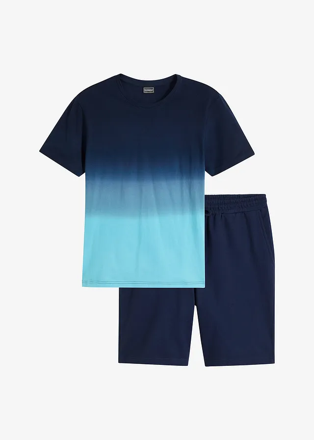 T-shirt en sweatbermuda (2-dlg. set), Kleur: donkerblauw-aqua
