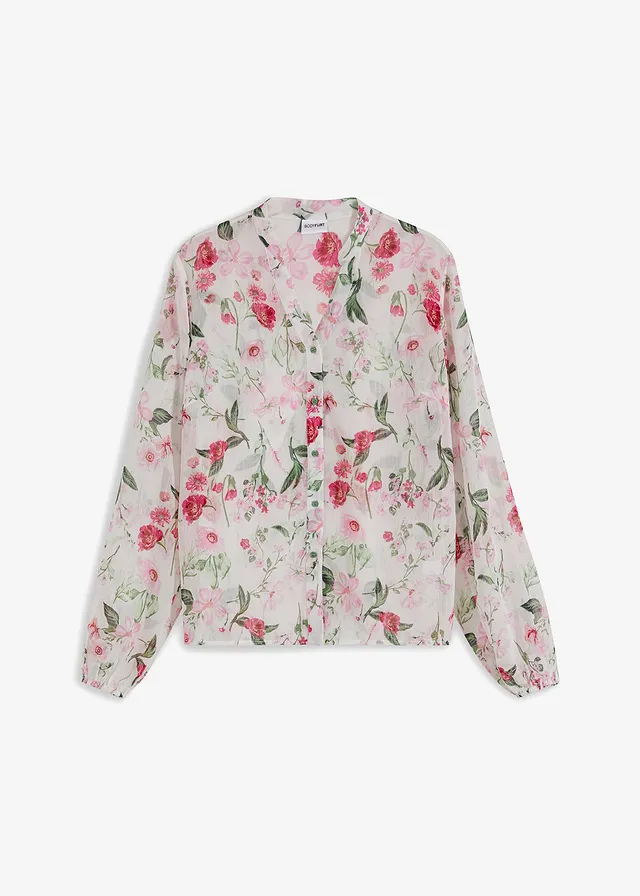 Chiffon blouse met wijde mouwen, Kleur: wolwit gebloemd