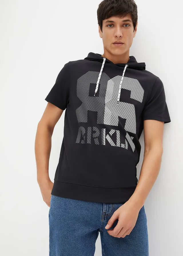 T-shirt à capuche en molleton épais, Couleur: noir imprimé
