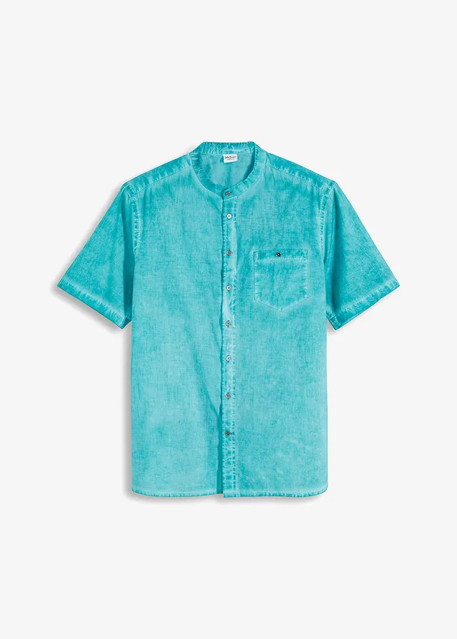 Overhemd in washed out look met korte mouwen, Kleur: smaragd used