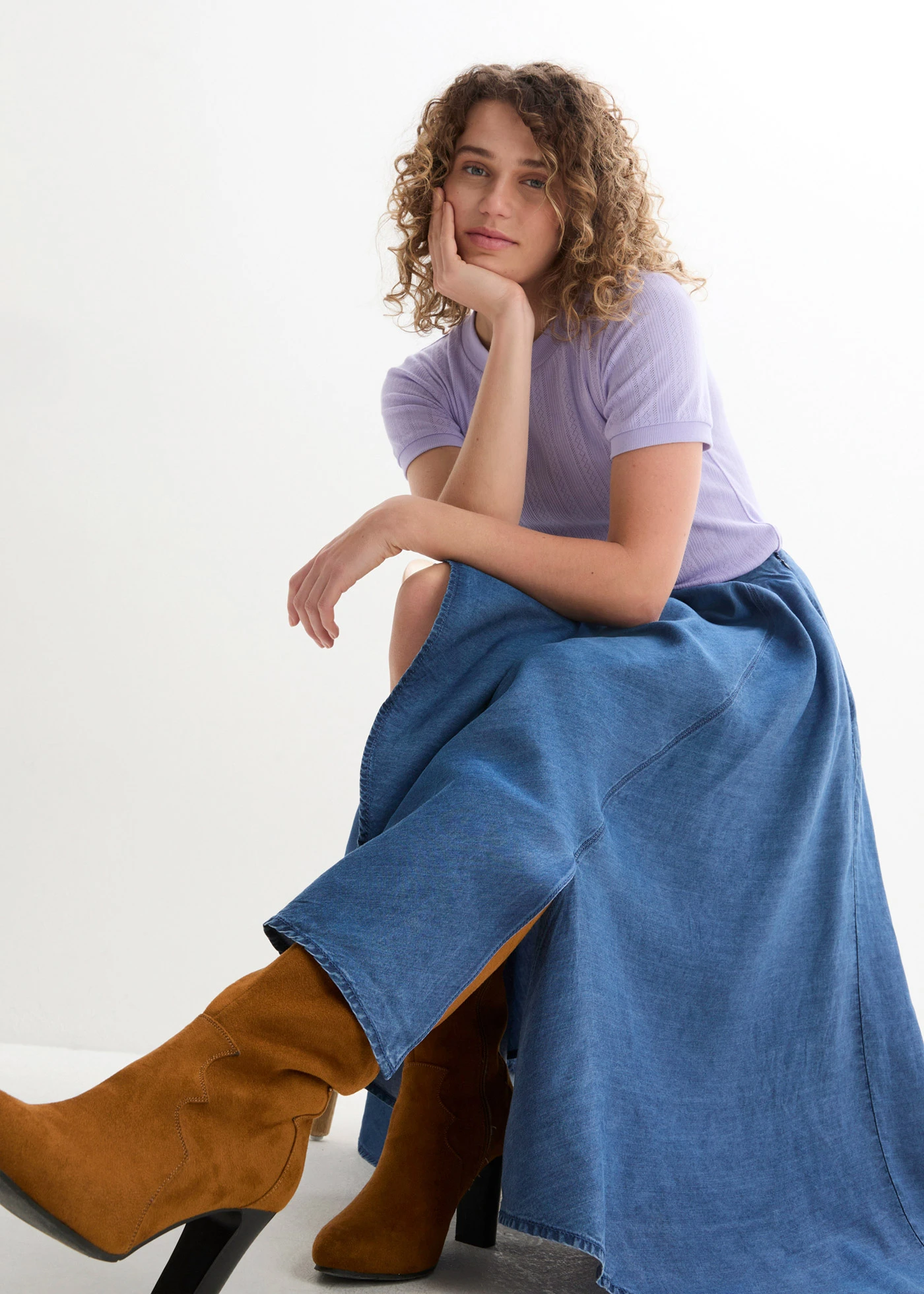 High Waist farmerszoknya kényelmes derékpánttal és bio-pamuttal • kék denim • bonprix áruház