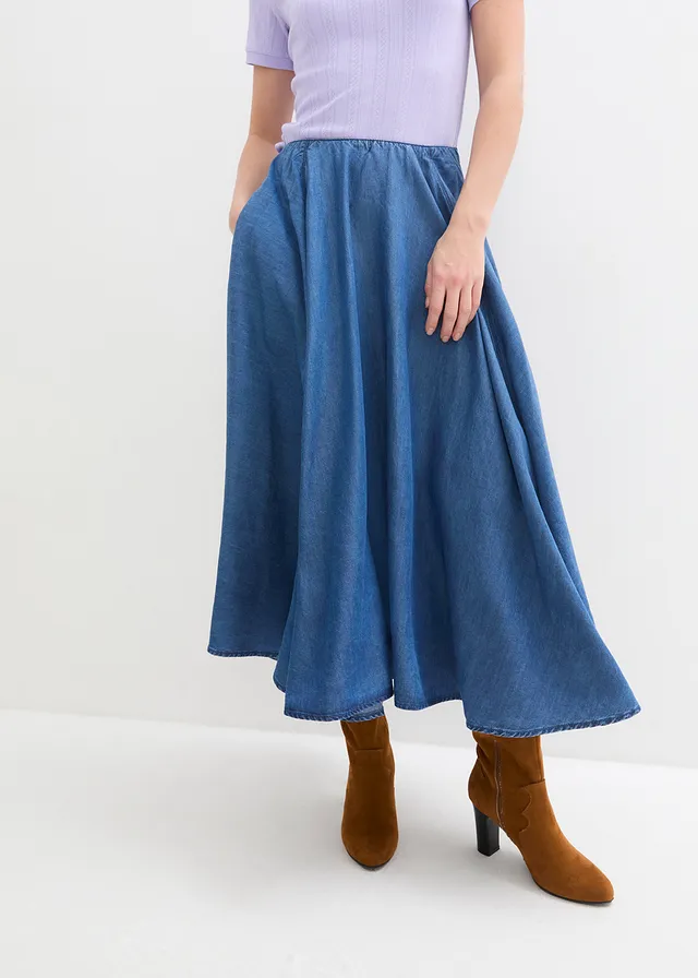 High waist spijkerrok van biologisch katoen met comfortband, Kleur: blauw denim