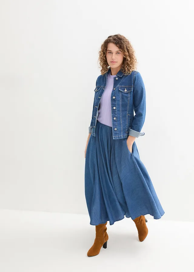 High waist spijkerrok van biologisch katoen met comfortband, Kleur: blauw denim
