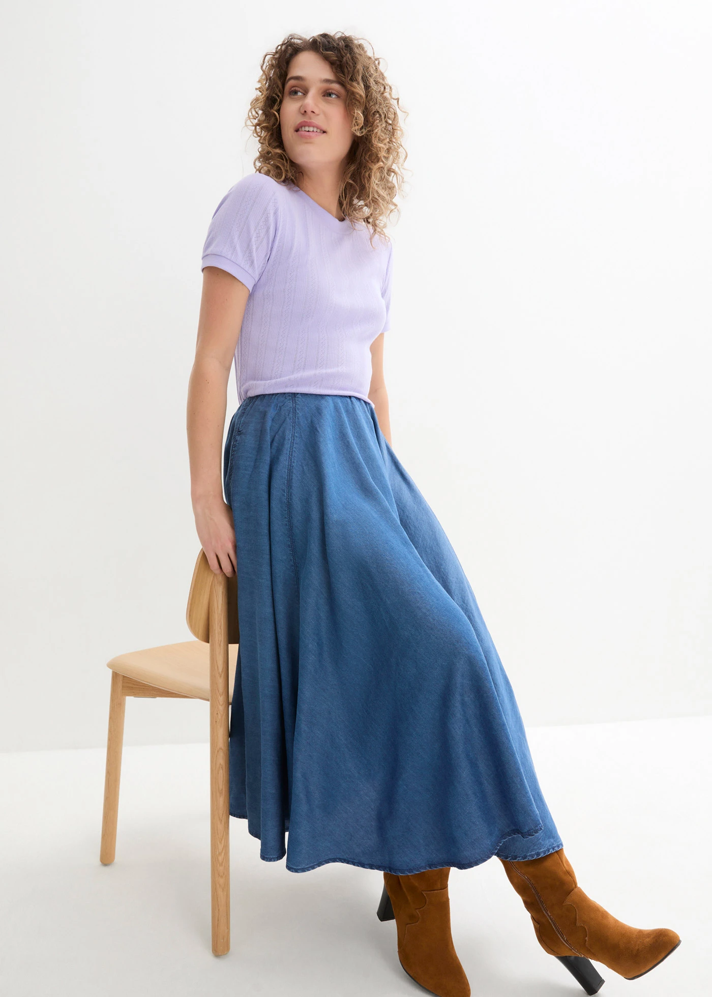 Fustă de blugi cu talie înaltă comodă, din bumbac organic • albastru denim • magazin bonprix