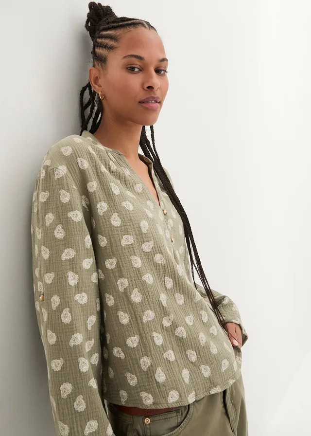 Blouse légère et oversize en gaze de coton, Couleur: olive paisley