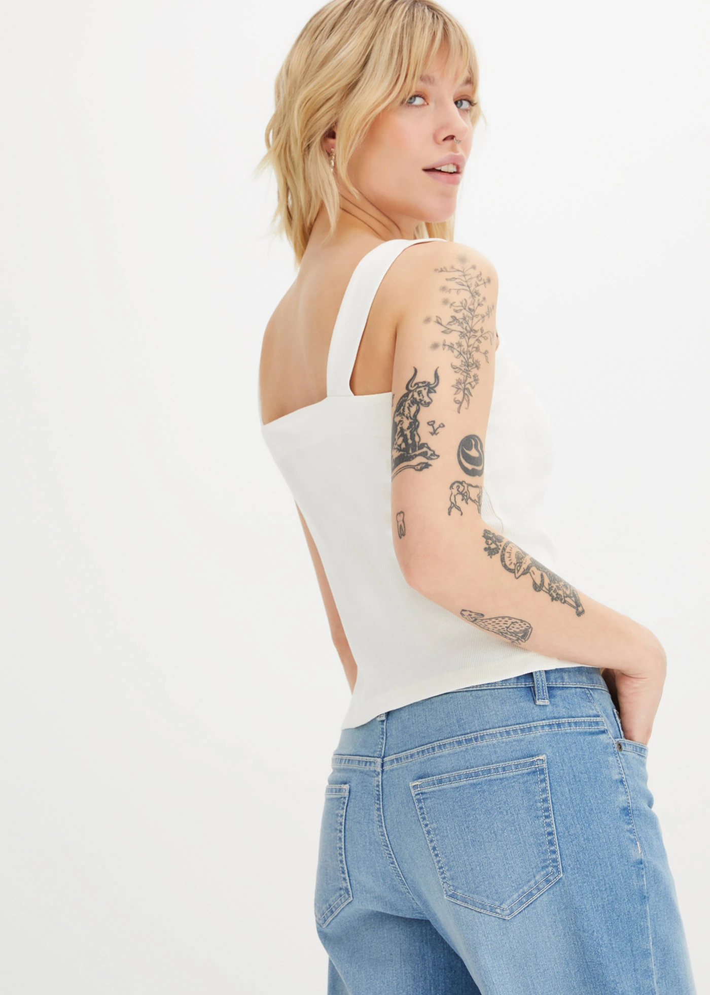 Geribde top van biologisch katoen (set van 2) • wolwit-zwart • bonprix online shop