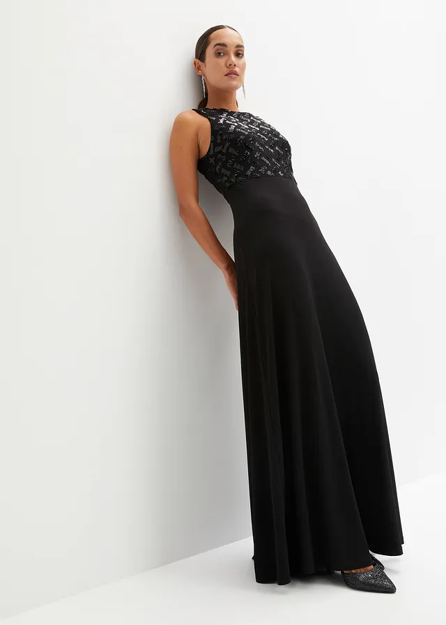 Robe longue brodée de sequins, Couleur: noir