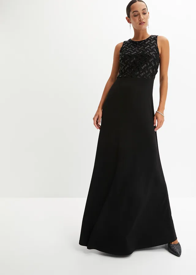Robe longue brodée de sequins, Couleur: noir