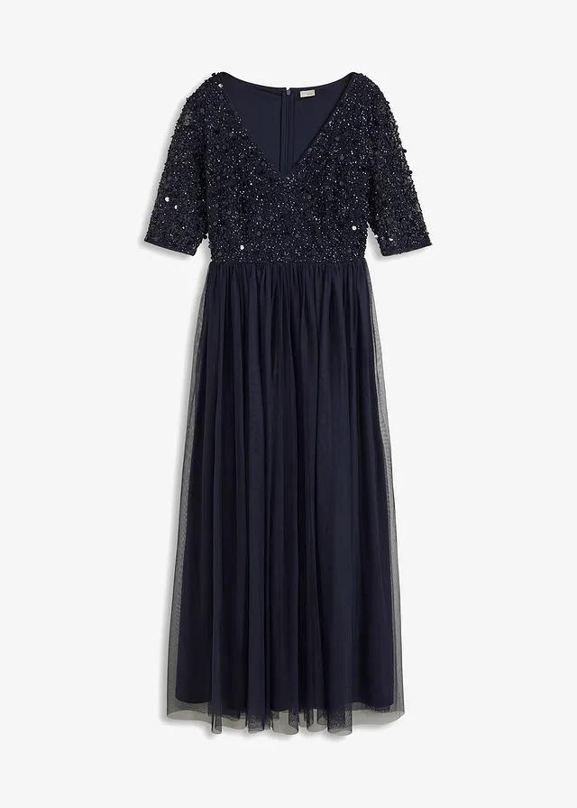 Avondjurk van sierlijke tule met paillettenborduursel, Kleur: donkerblauw