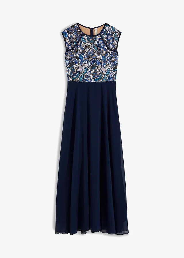 Robe longue à dentelle, Couleur: bleu foncé floral