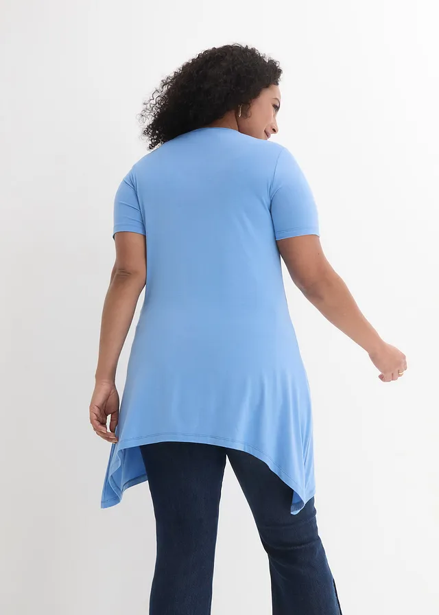 T-shirt long à pans et imprimé papillon, Couleur: bleu moyen-blanc-bleu foncé imprimé