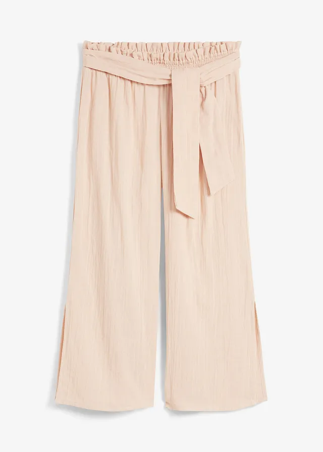 Pantalon de plage en gaze de coton, longueur 3/4, Couleur: beige craie